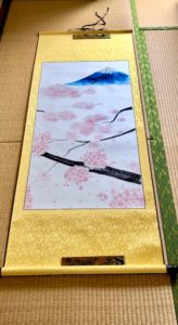 掛け軸　桜と富士山　日本画　水墨画