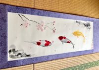 掛け軸　錦鯉と桜　日本画　水墨画　横掛け