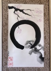 禅　円相と桜と松　水墨画掛け軸