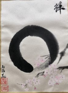 禅　円相と桜　絹の掛け軸
