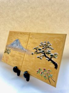 ミニ屏風　冬の富士山と松