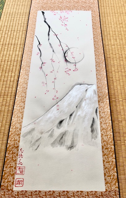 掛け軸　日本画　水墨画　銀の富士山としだれ桜　満月