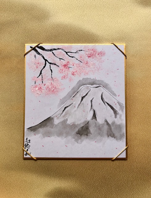 ミニ掛け軸　着物絹　富士山と桜