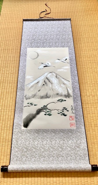 掛け軸　日本画　水墨画　銀の富士山と鶴と松