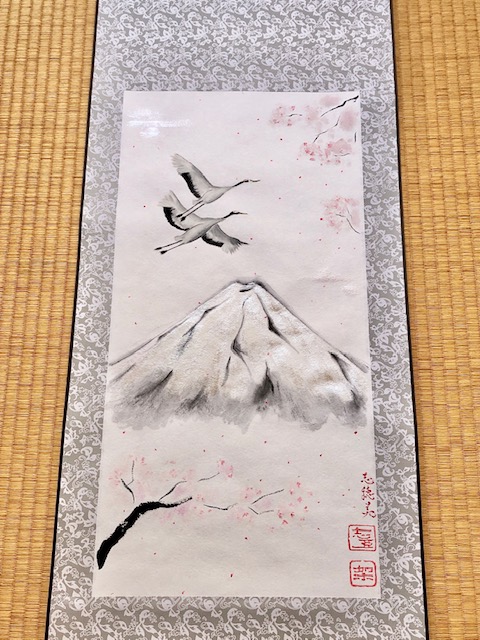 鶴と富士山とさくら掛け軸