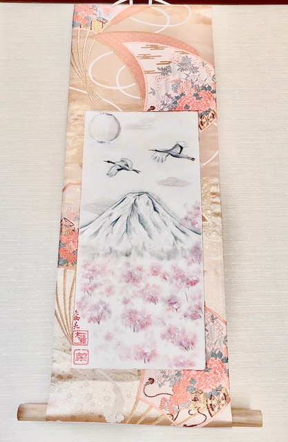 袋帯シルク日本画掛け軸富士山と鶴と桜