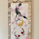 袋帯の絹掛け軸　錦鯉と桜日本画
