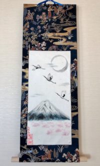袋帯絹の掛け軸　日本画富士山と鶴と桜